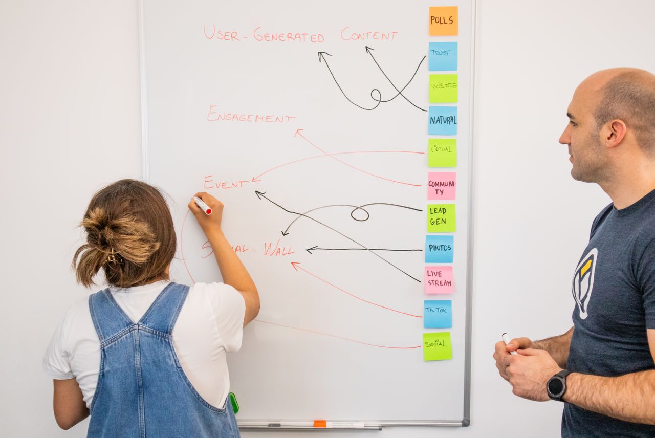 Two coworkers work together on a marketing plan at a whiteboard, concentrating on user-generated content.